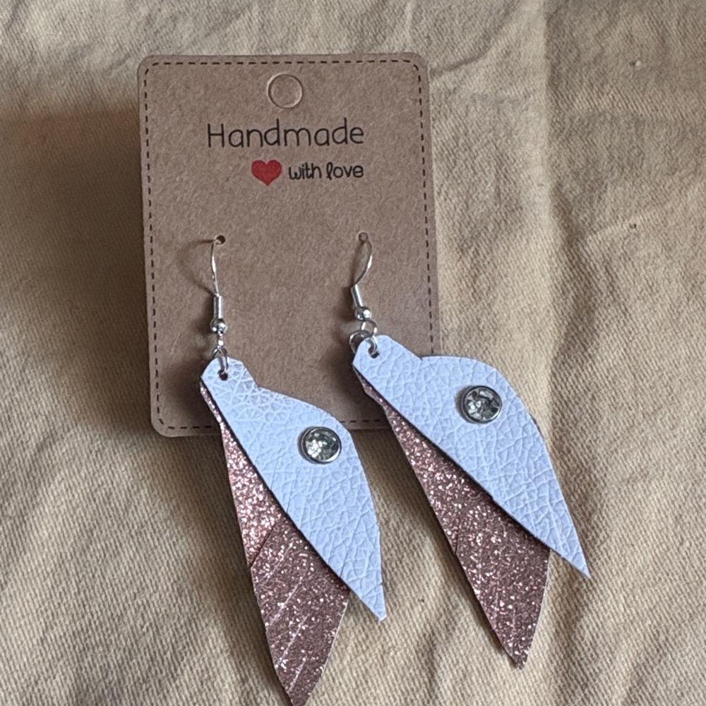 Handmade White and Rose Gold Feathered Earrings